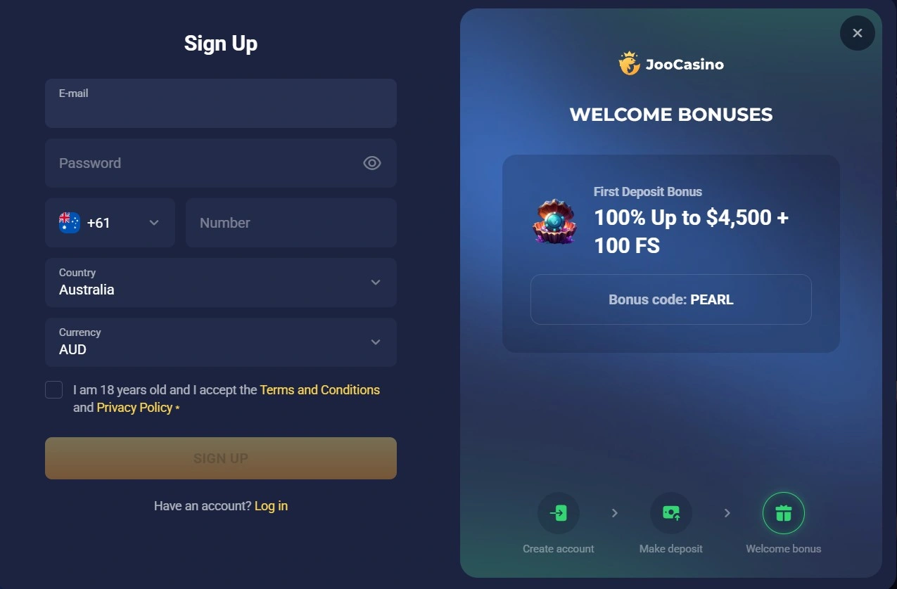Joo Casino sign up form with welcome bonus